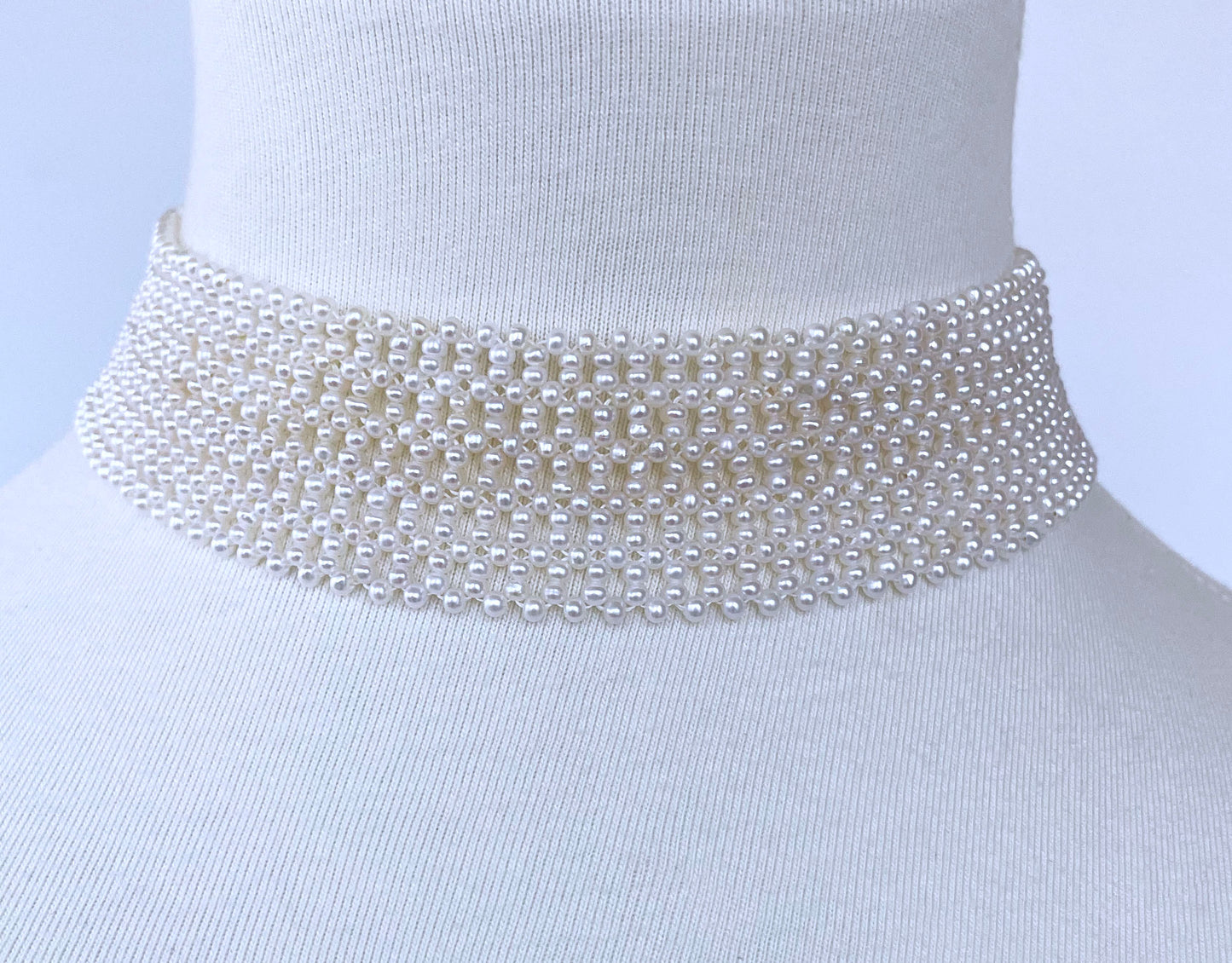 Lace Woven Pearl Choker with Rhodium Plated Silver Clasp