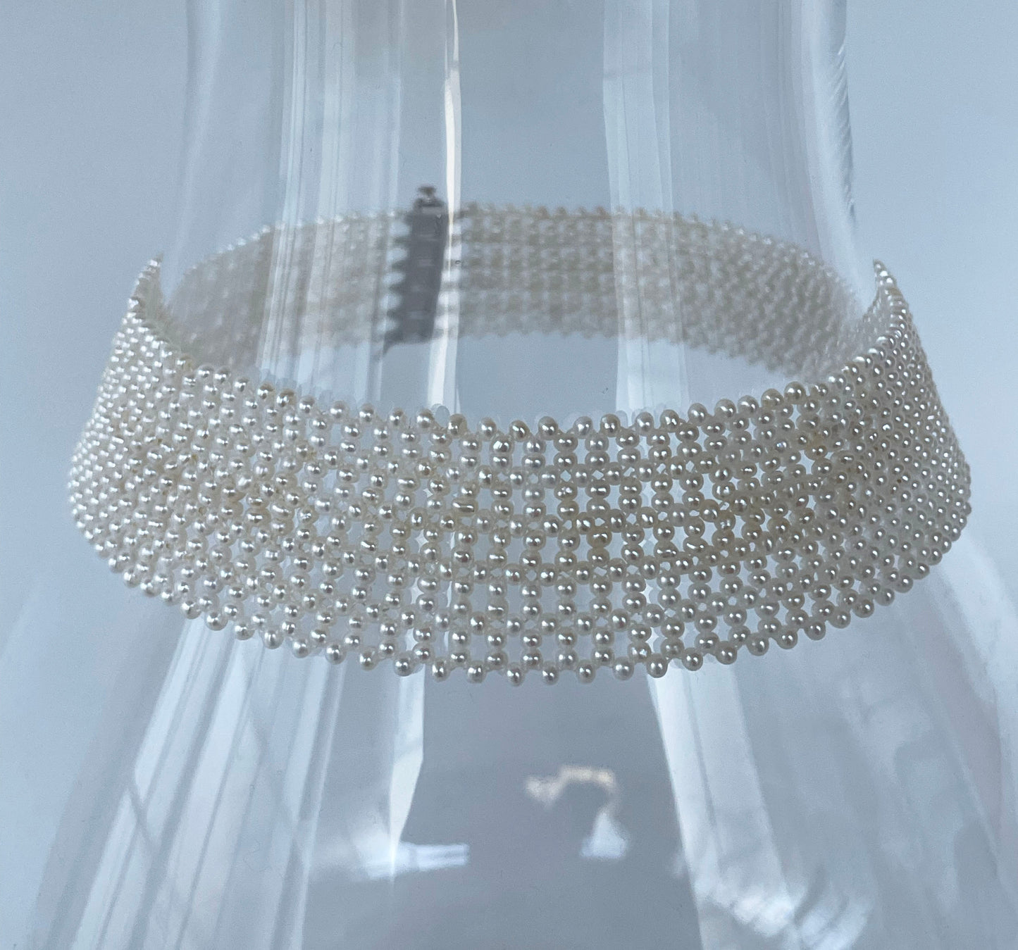 Lace Woven Pearl Choker with Rhodium Plated Silver Clasp