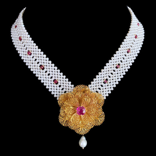 One of A Kind Pearl Woven Necklace with Rubies & Pink Topaz