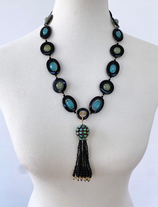 Unique Fire Opal, Onyx, Chalcedony & Solid 14k Gold Tassel Necklace