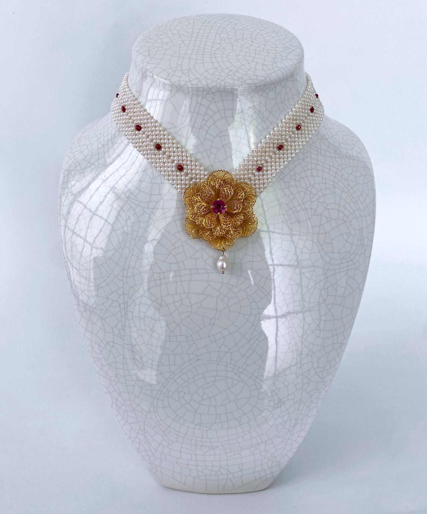 One of A Kind Pearl Woven Necklace with Rubies & Pink Topaz