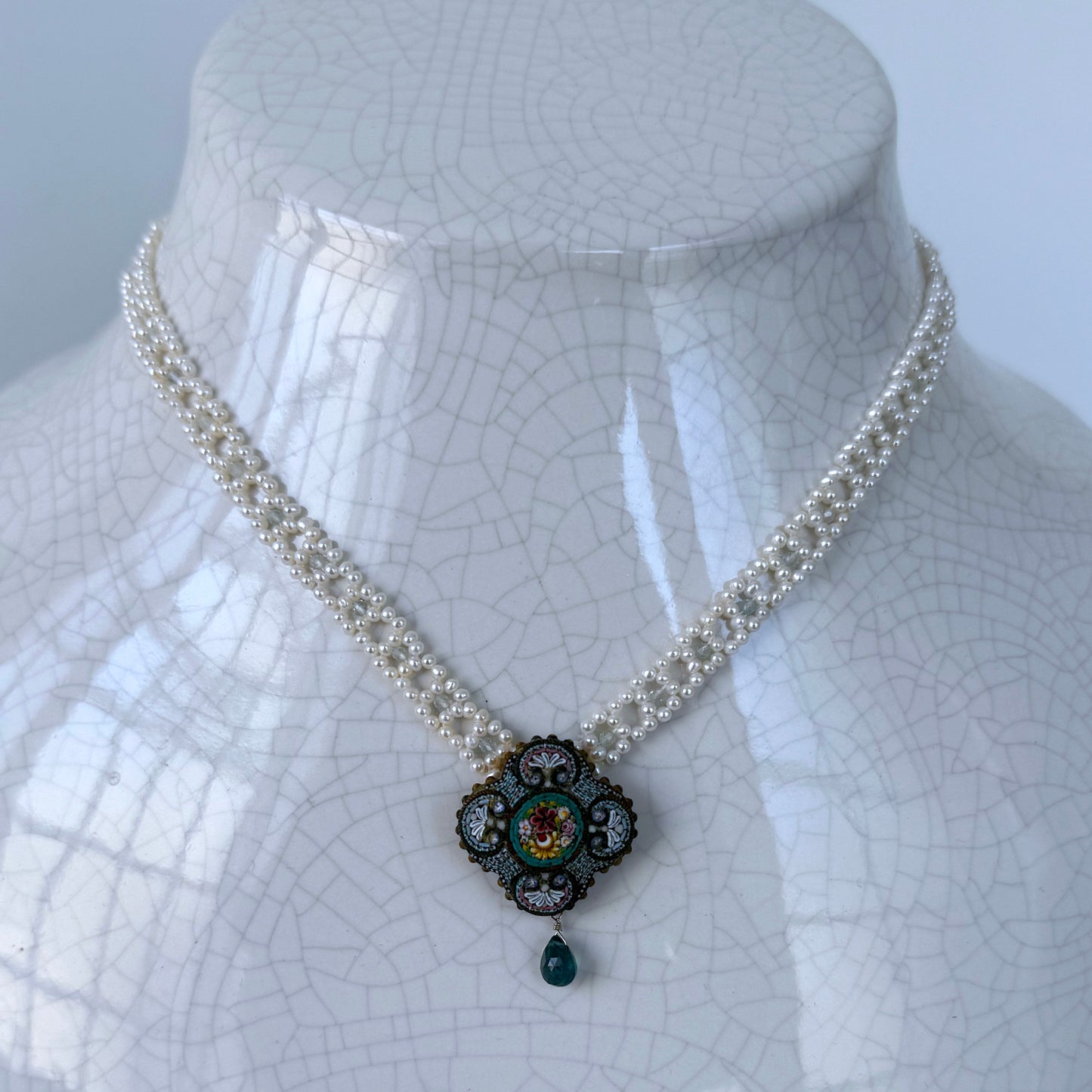 Natural Pearl Woven Necklace with Floral Mosaic Centerpiece & Gold Clasp