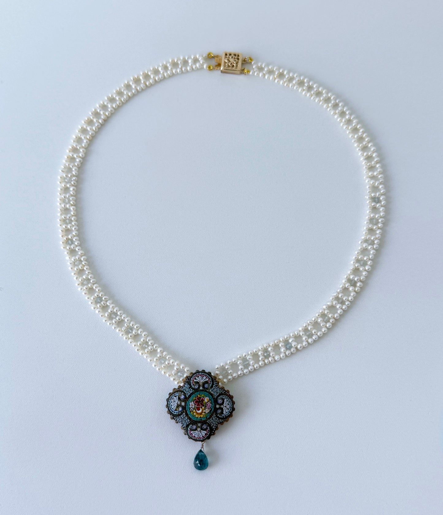 Natural Pearl Woven Necklace with Floral Mosaic Centerpiece & Gold Clasp