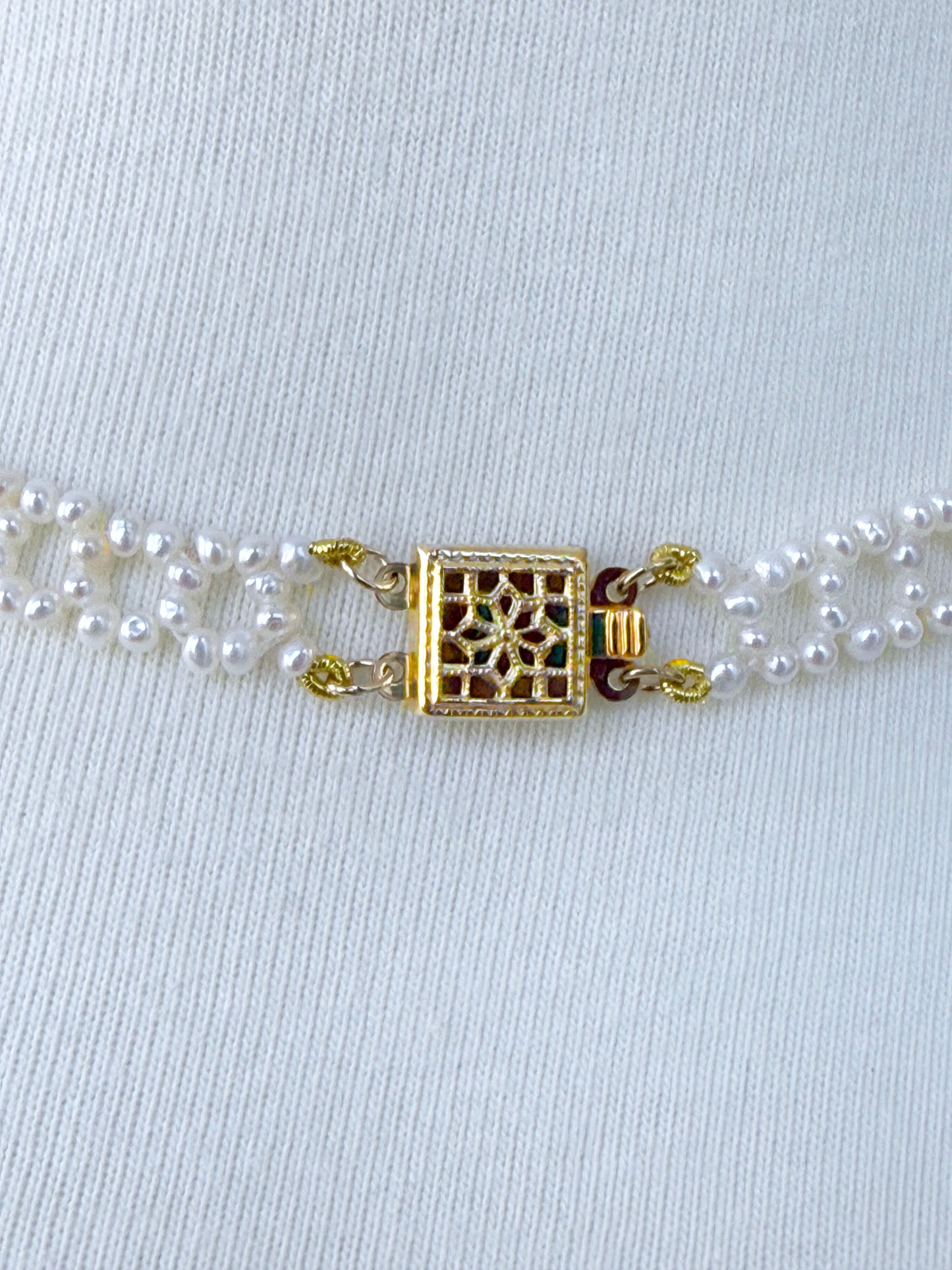 Natural Pearl Woven Necklace with Floral Mosaic Centerpiece & Gold Clasp