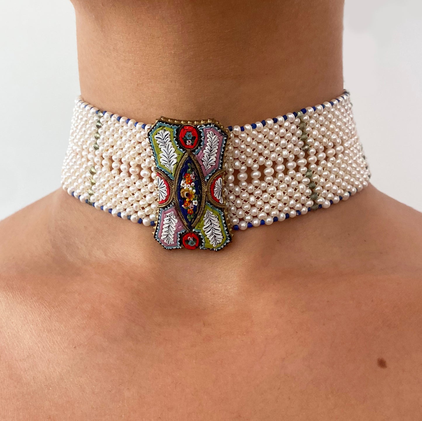 Woven Pearl Choker with Mosaic Centerpiece, Lapis & Green Apatite