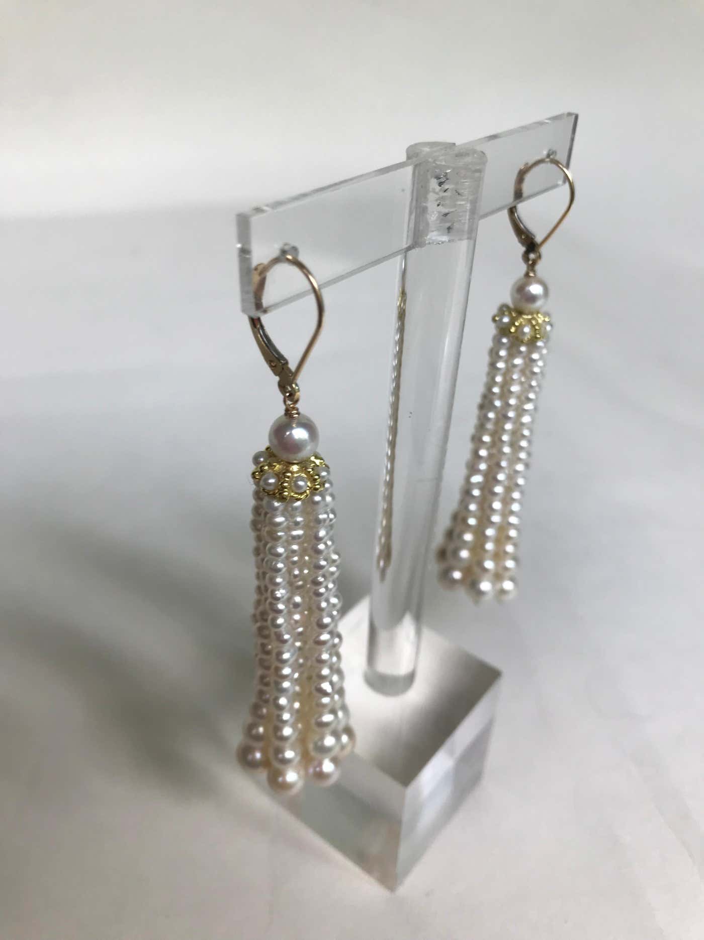 Graduated Pearl Tassel Earrings with Solid 14k Yellow Gold