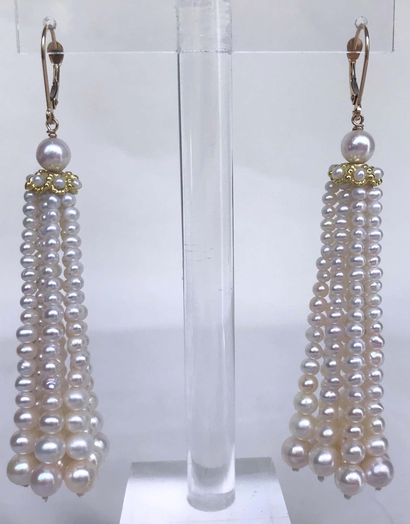 Graduated Pearl Tassel Earrings with Solid 14k Yellow Gold