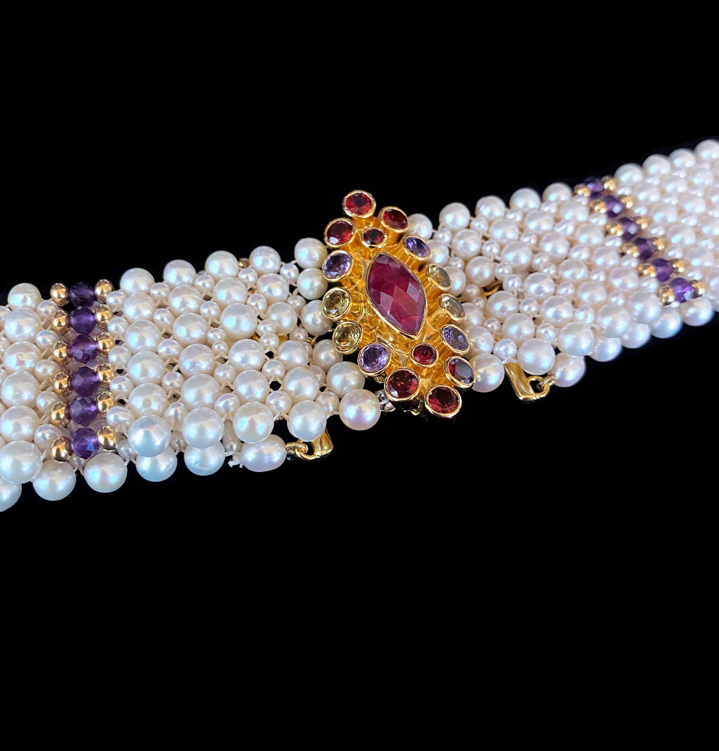 Woven Pearl Choker with Multi Color Semi Precious Stone Centerpiece