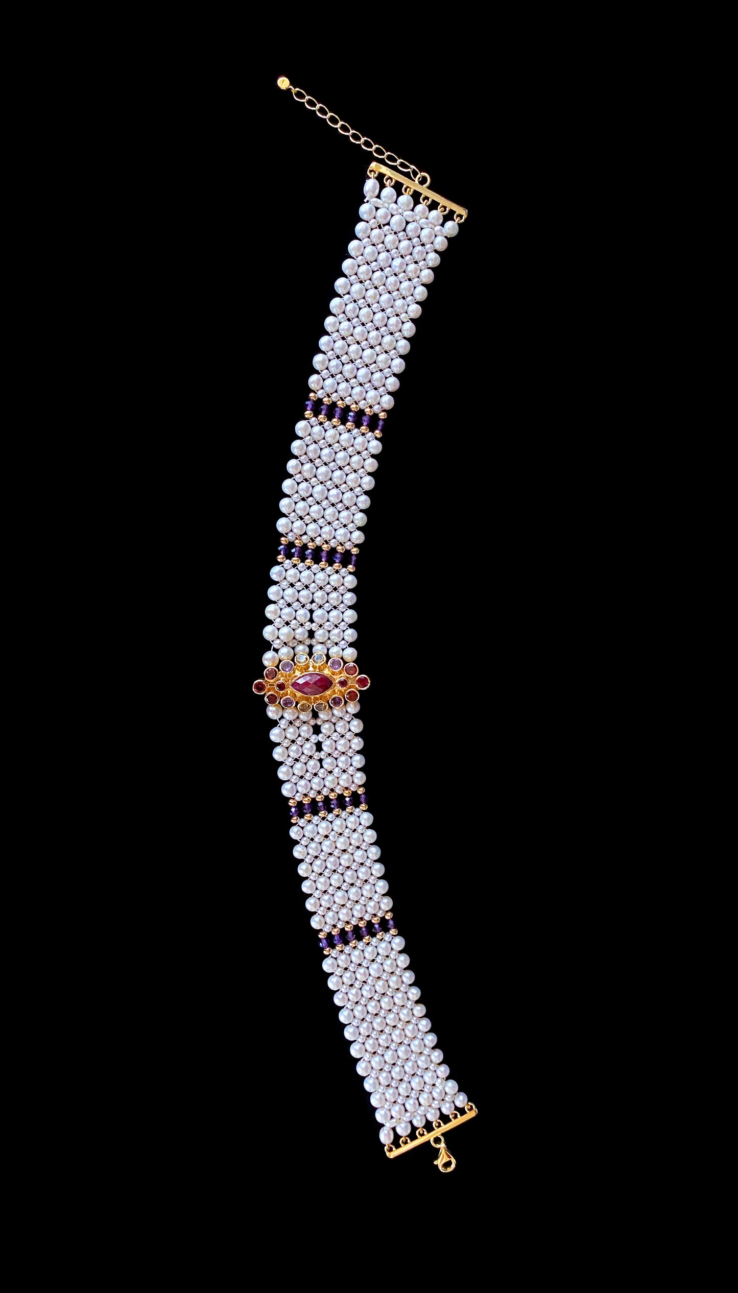 Woven Pearl Choker with Multi Color Semi Precious Stone Centerpiece