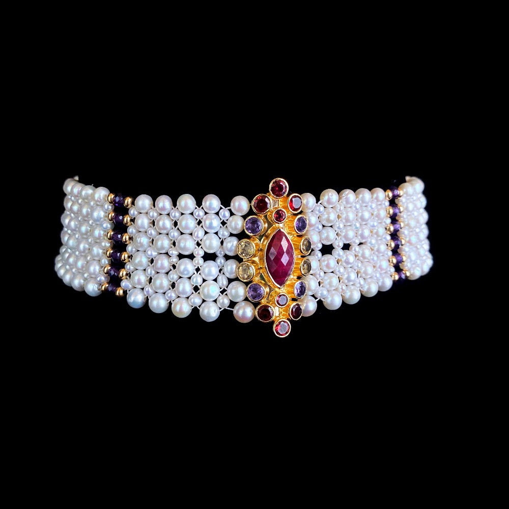 Woven Pearl Choker with Multi Color Semi Precious Stone Centerpiece