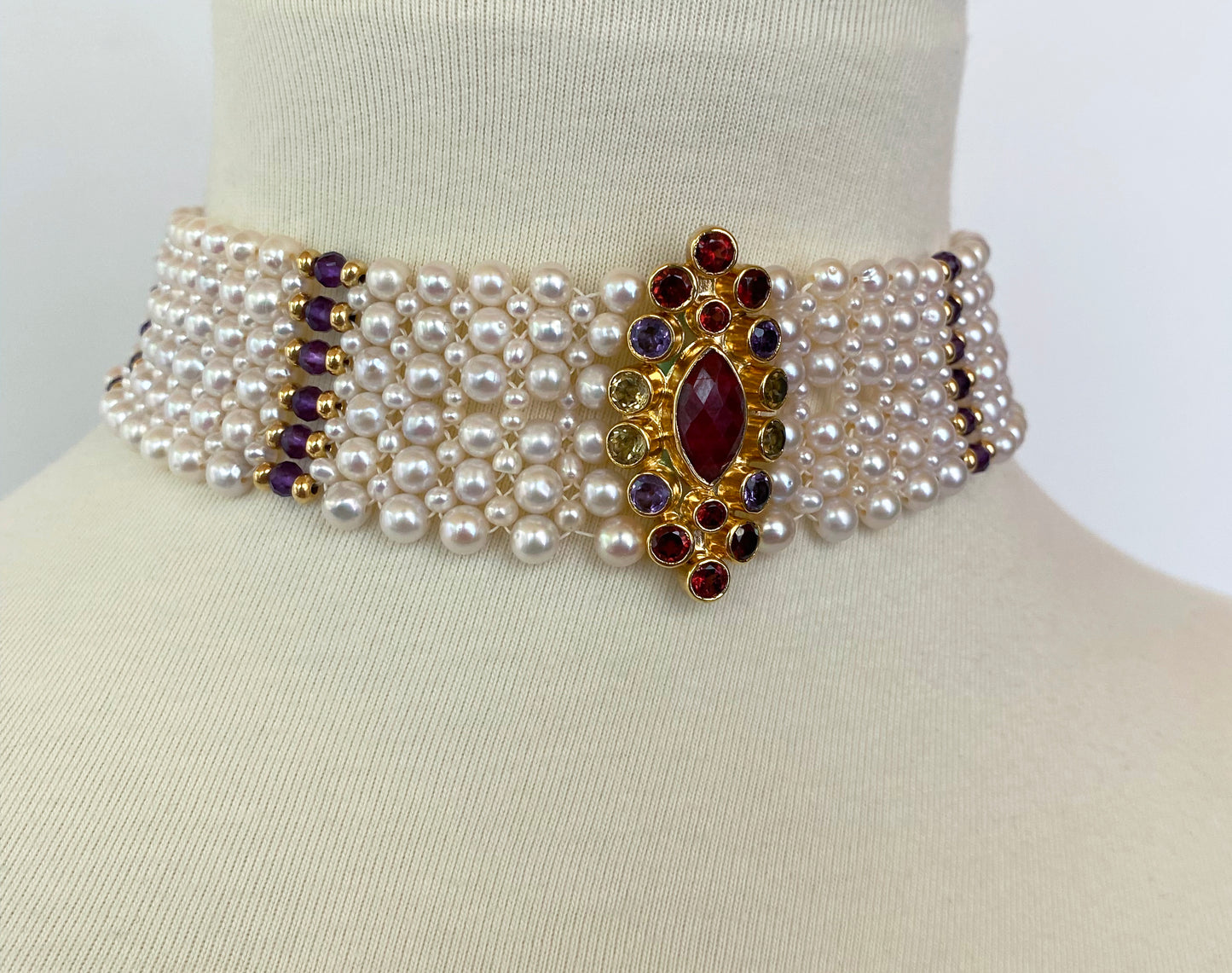 Woven Pearl Choker with Multi Color Semi Precious Stone Centerpiece