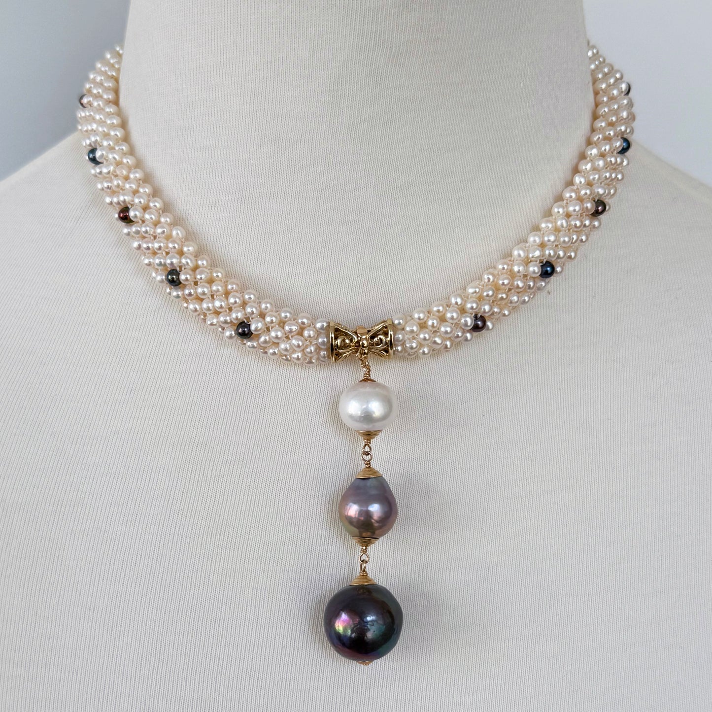 Woven Black & White Pearl Rope Necklace with 14K Yellow Gold Clasp