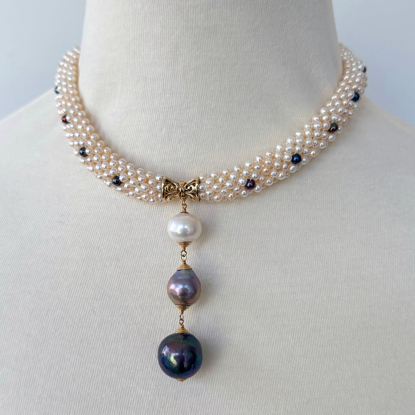 Woven Black & White Pearl Rope Necklace with 14K Yellow Gold Clasp