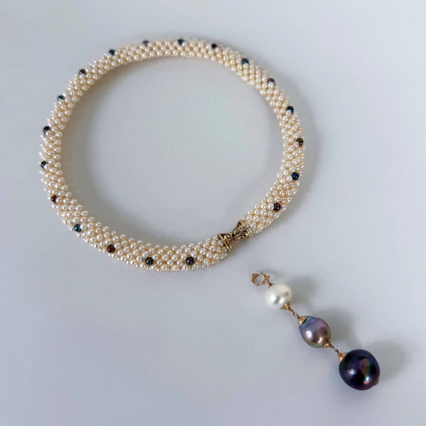 Woven Black & White Pearl Rope Necklace with 14K Yellow Gold Clasp