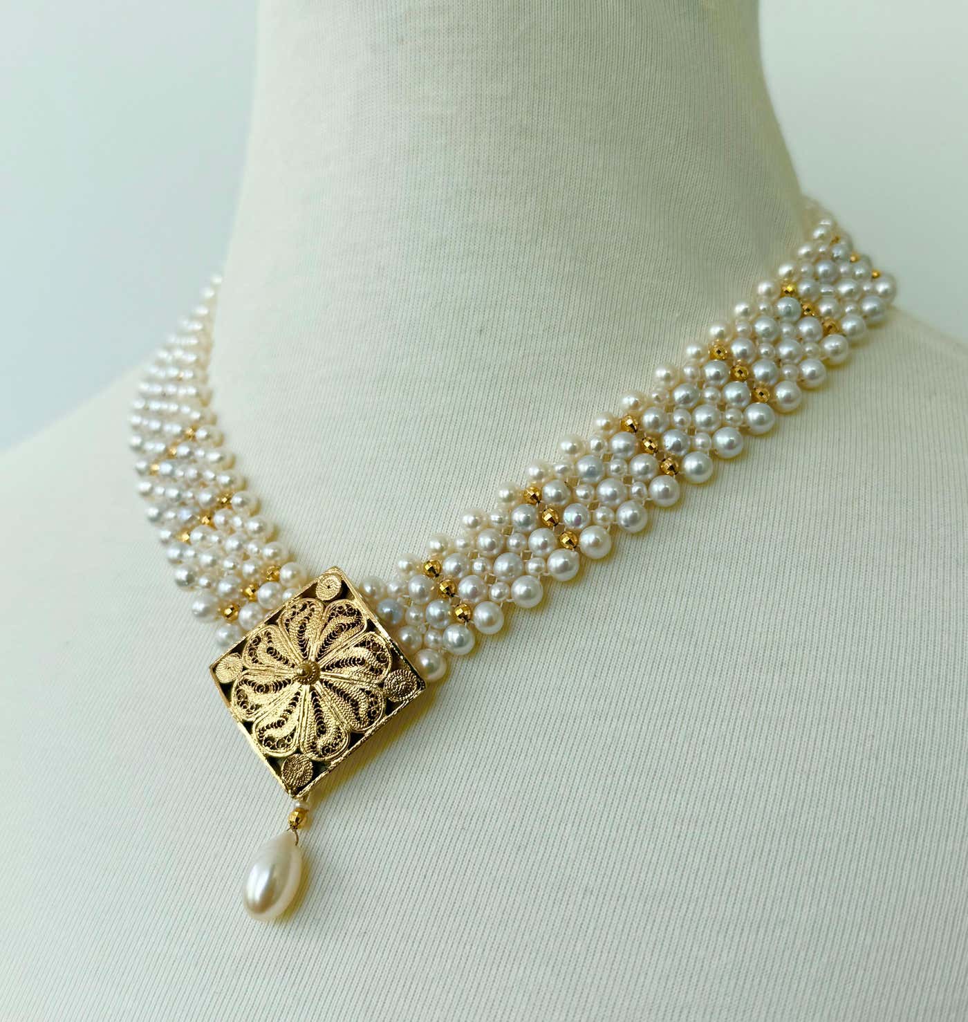 One of A Kind Adjustable Pearl Necklace with Vintage 18k Centerpiece