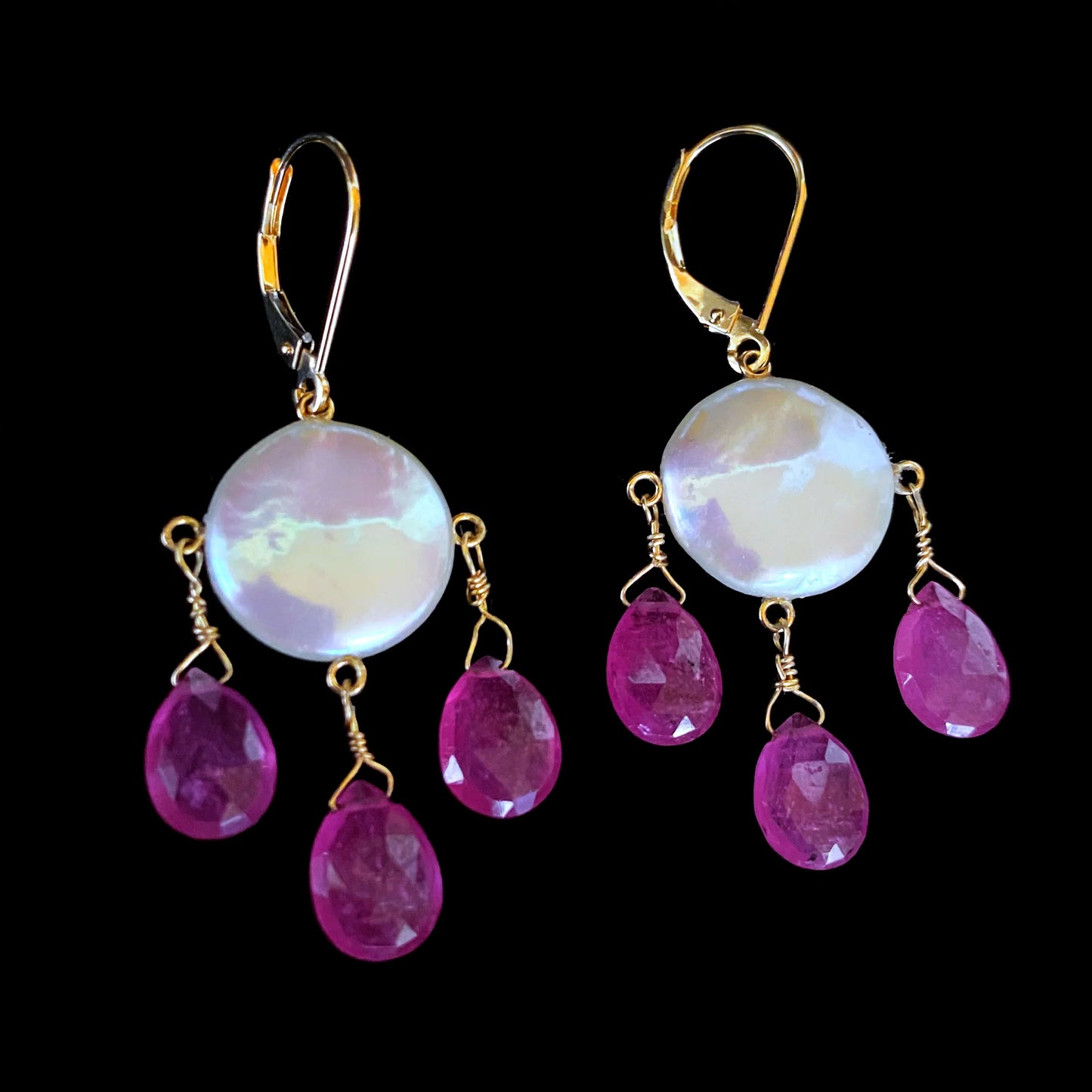 Pink Sapphire, Coin Pearl & Solid 14k Yellow Gold Chandelier Earrings