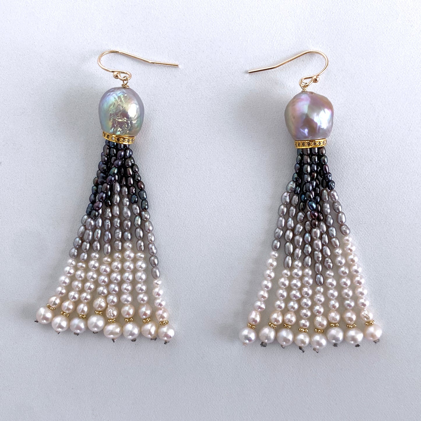 Graduated Pearl Ombre Tassel Earrings with Diamonds & Solid 14k Gold