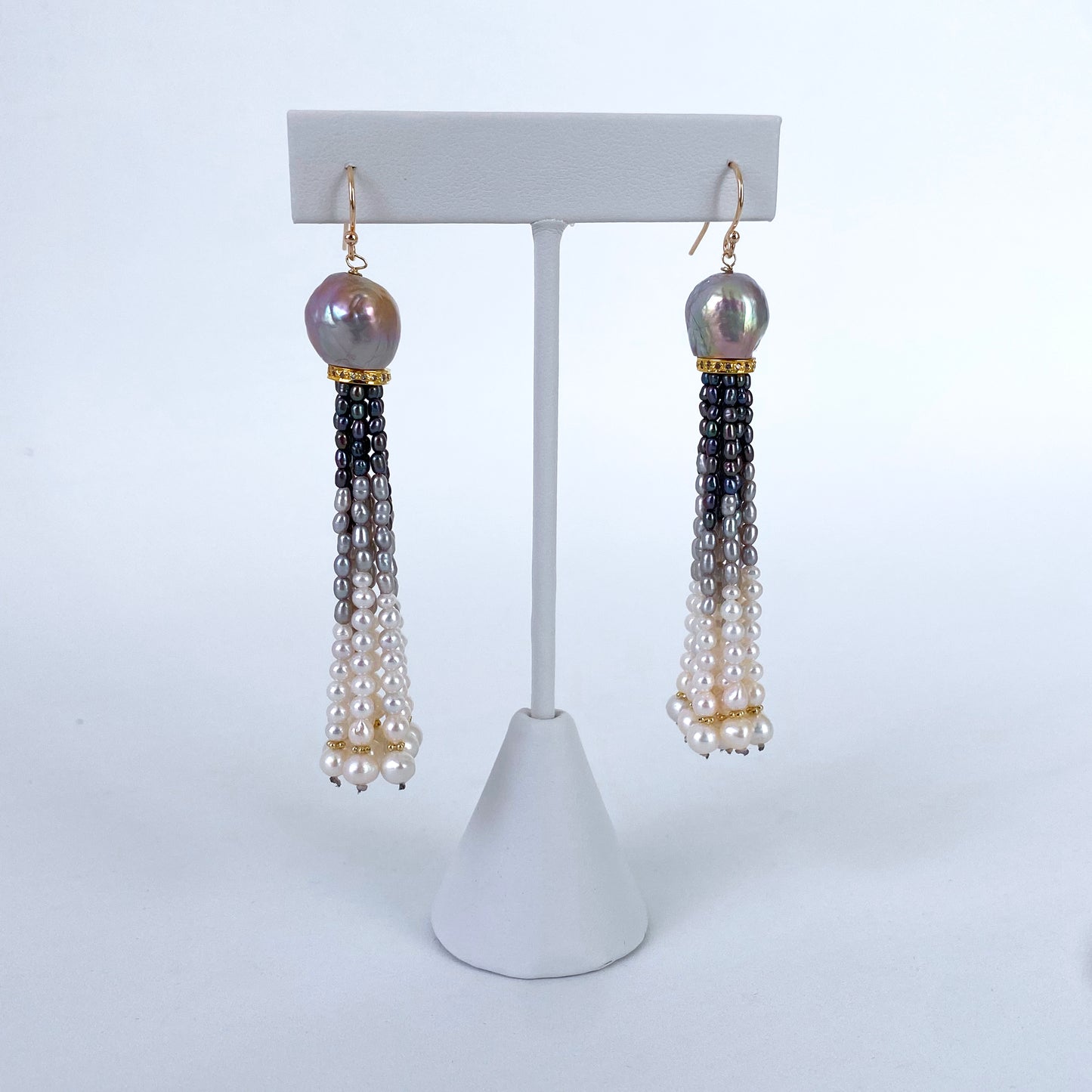 Graduated Pearl Ombre Tassel Earrings with Diamonds & Solid 14k Gold