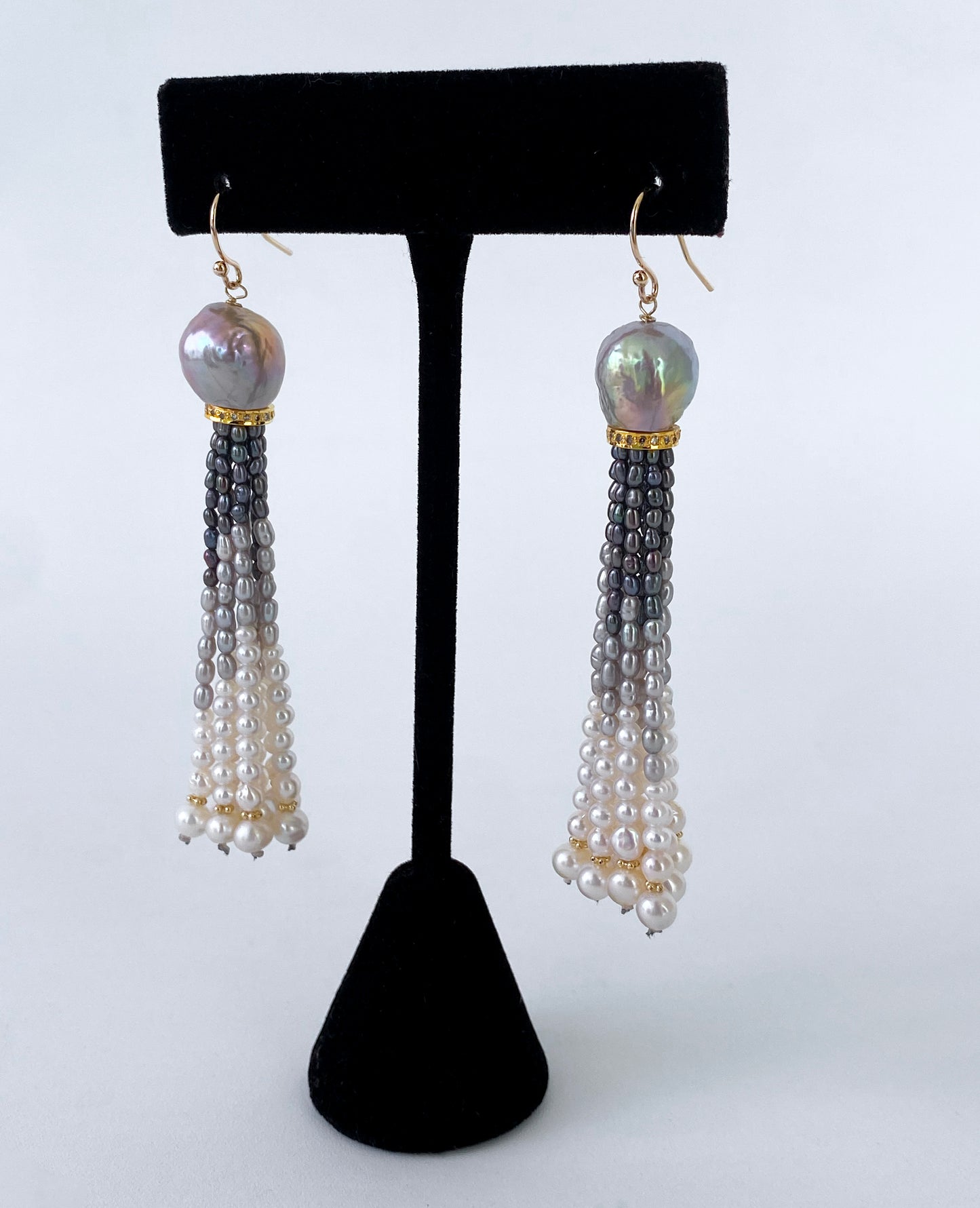 Ombre Tassel Pearl Earrings with Diamonds and solid 14k Hooks