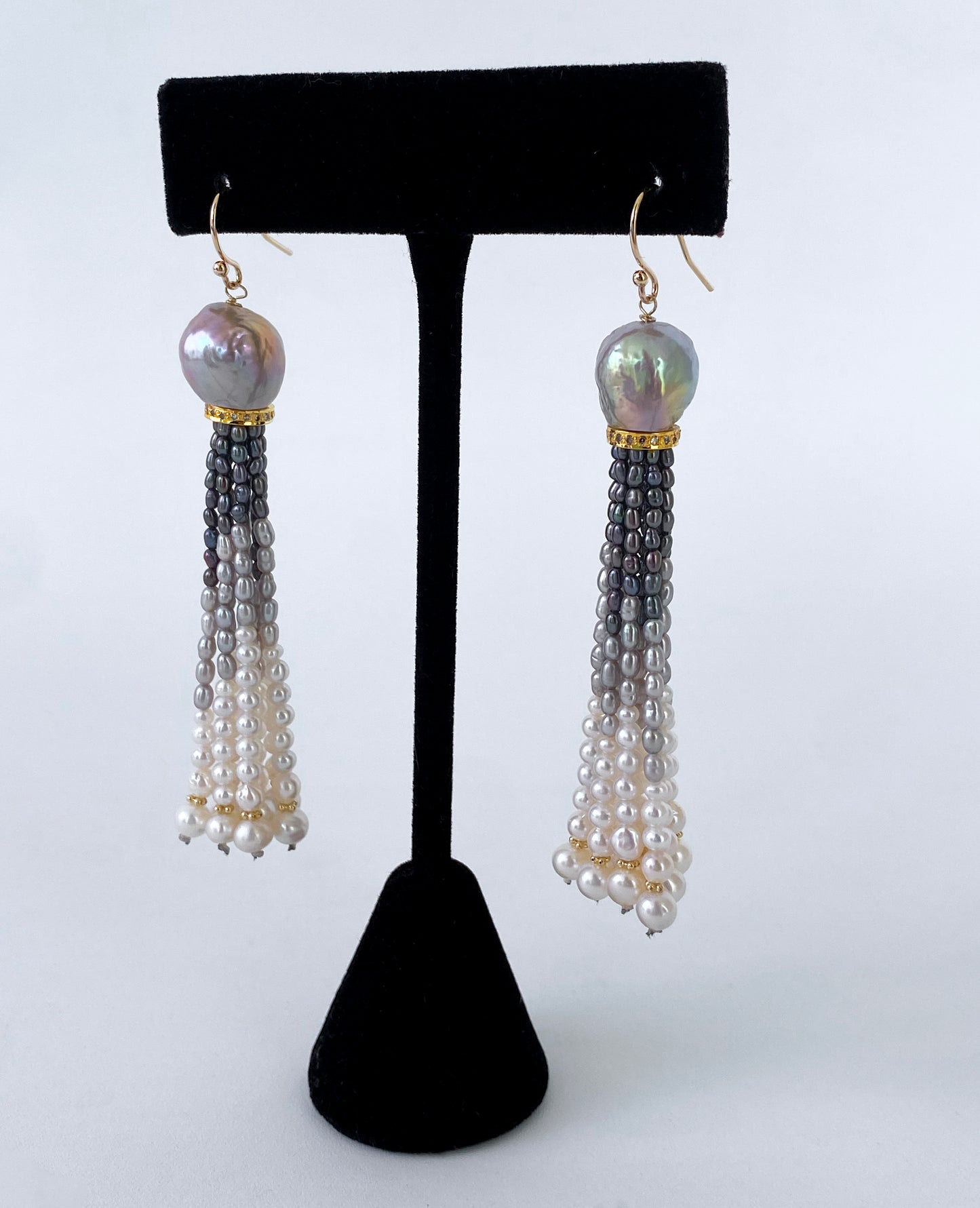 Graduated Pearl Ombre Tassel Earrings with Diamonds & Solid 14k Gold