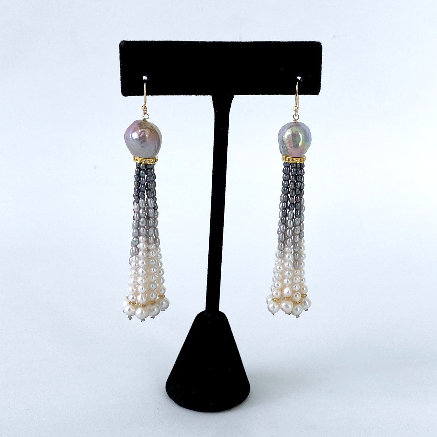Graduated Pearl Ombre Tassel Earrings with Diamonds & Solid 14k Gold