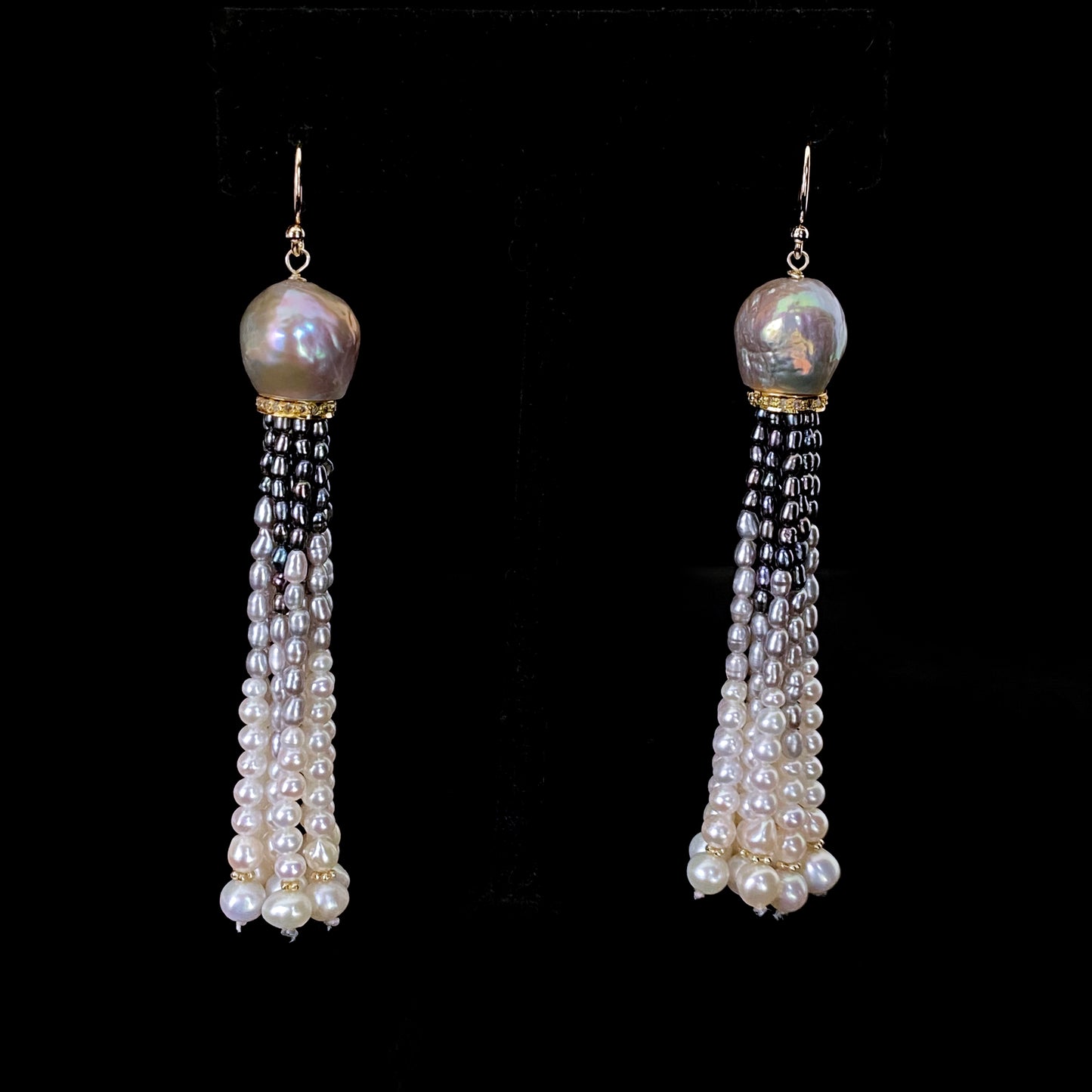 Graduated Pearl Ombre Tassel Earrings with Diamonds & Solid 14k Gold