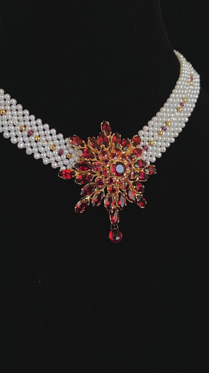 One of a Kind Woven Pearl & Garnet Necklace with Vintage Garnet Brooch