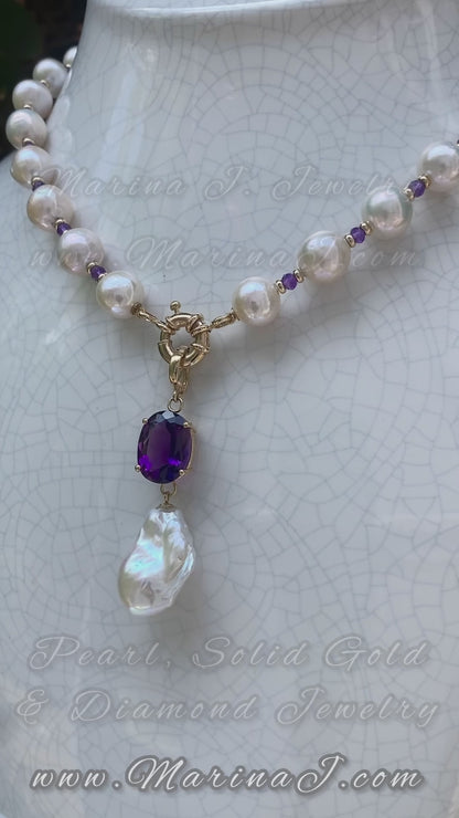 Amethyst, Baroque Pearl & Solid 14k Yellow Gold Necklace