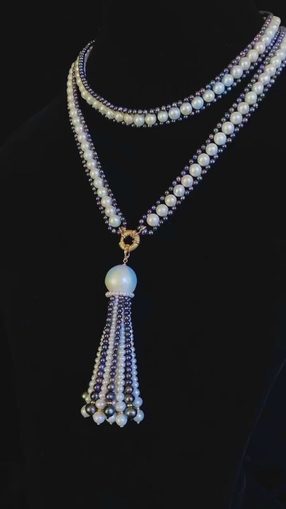 Black & White Pearl Sautoir with Removable Tassel & 14k Yellow Gold