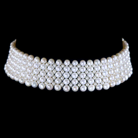 Statement White Pearl Woven Choker with White Gold Plated Silver Clasp