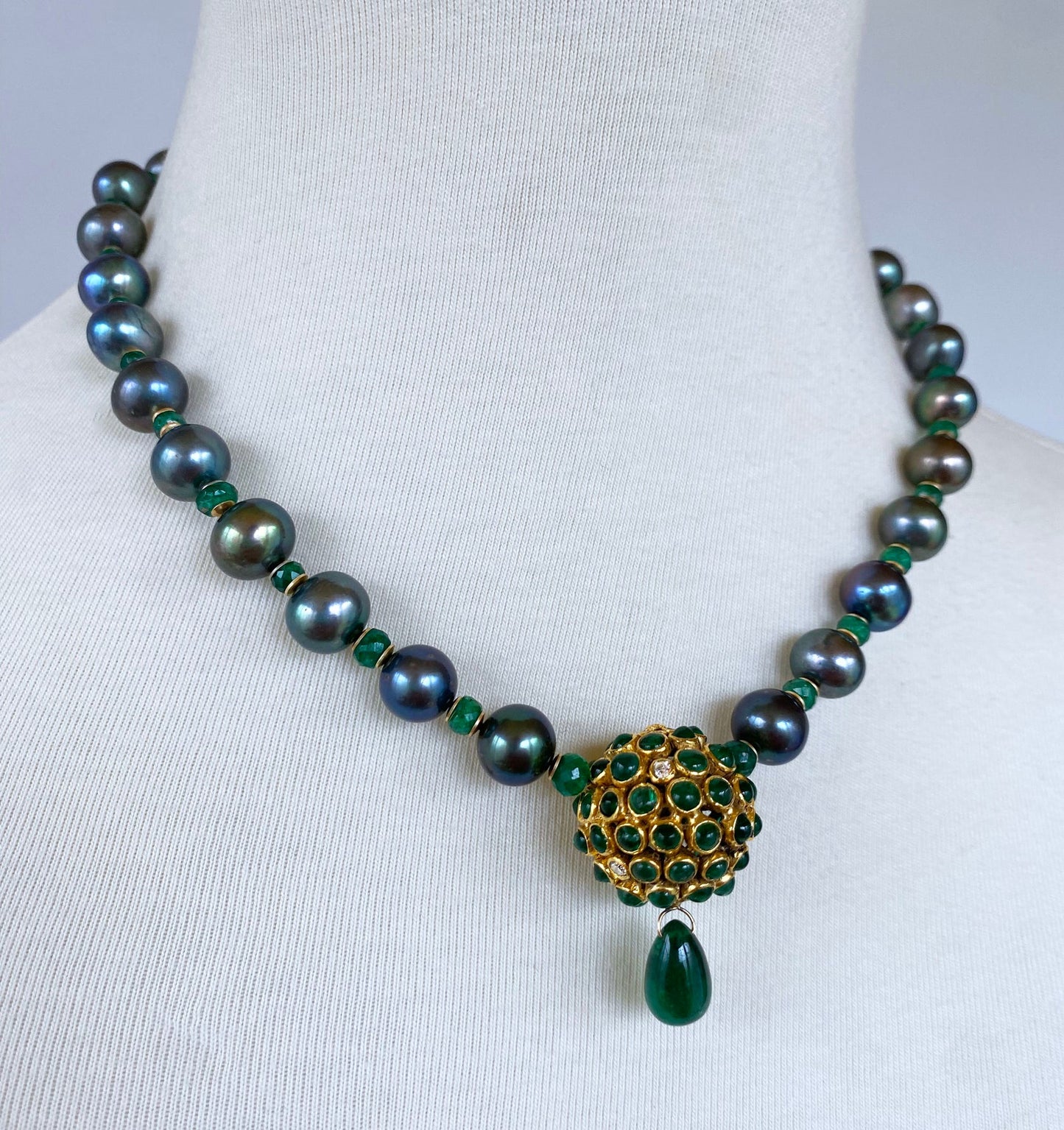 One of A Kind Black Pearl, Emerald & Solid 14k Yellow Gold Necklace