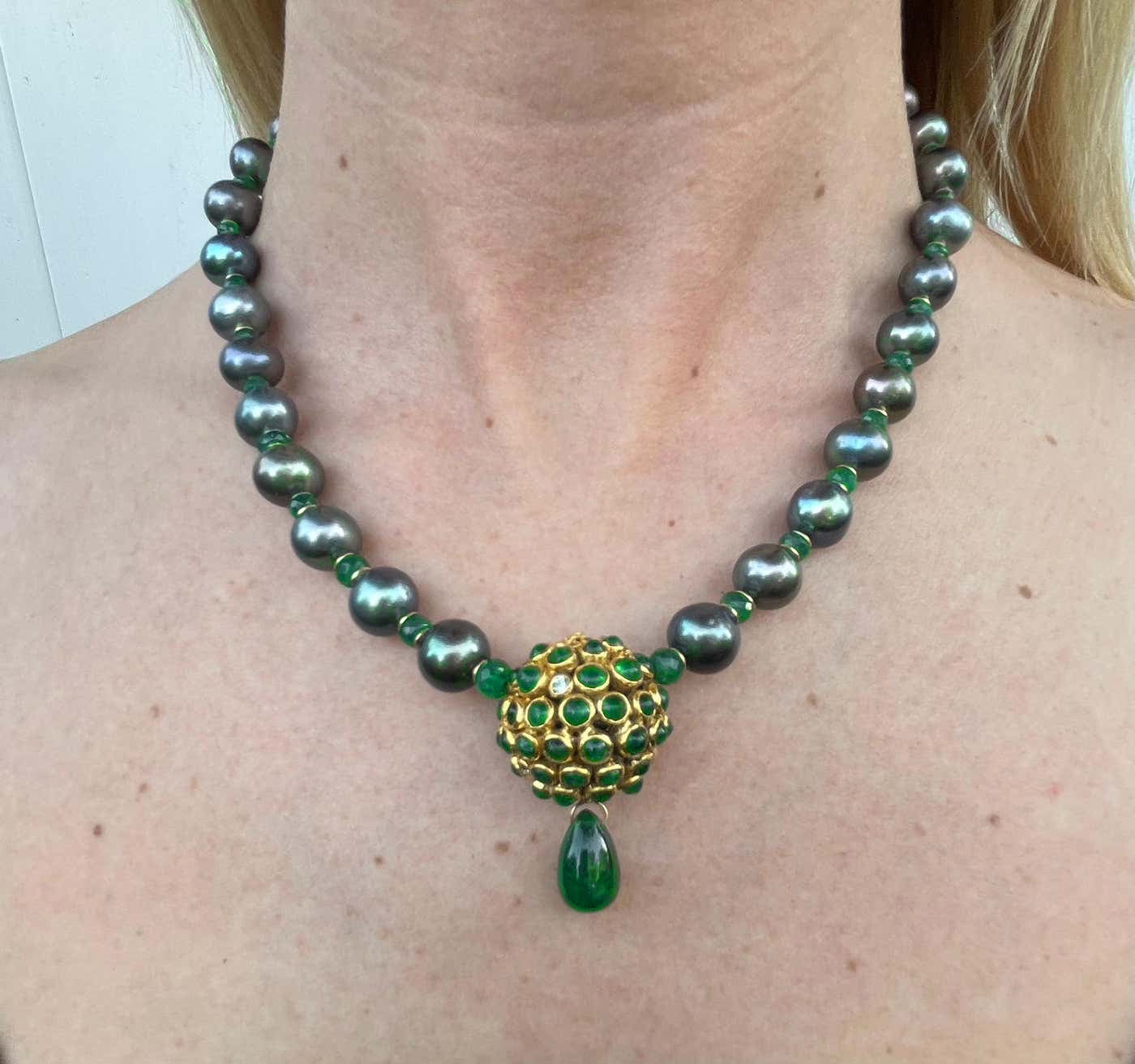 One of A Kind Black Pearl, Emerald & Solid 14k Yellow Gold Necklace