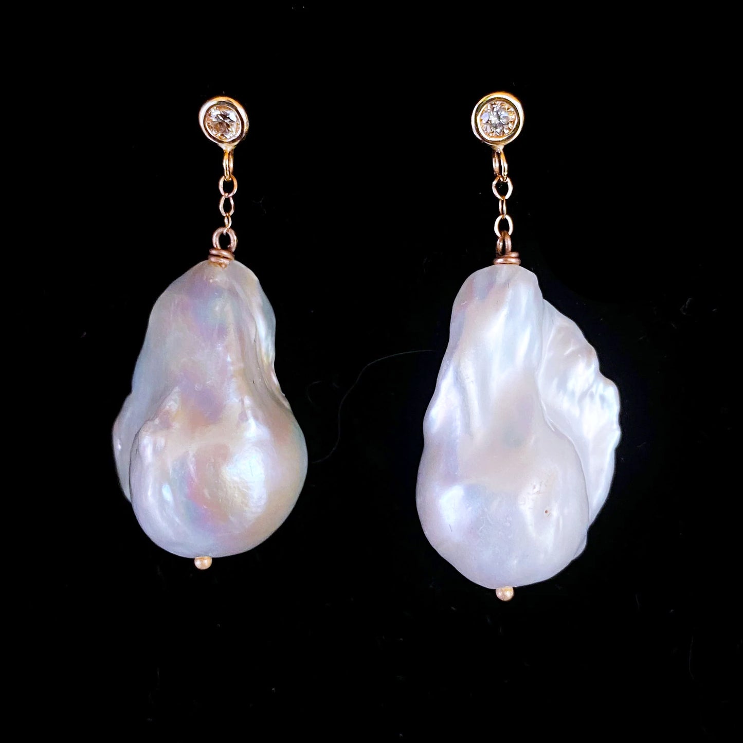 Diamond & Large Baroque Pearl Earrings in 14k Yellow Gold