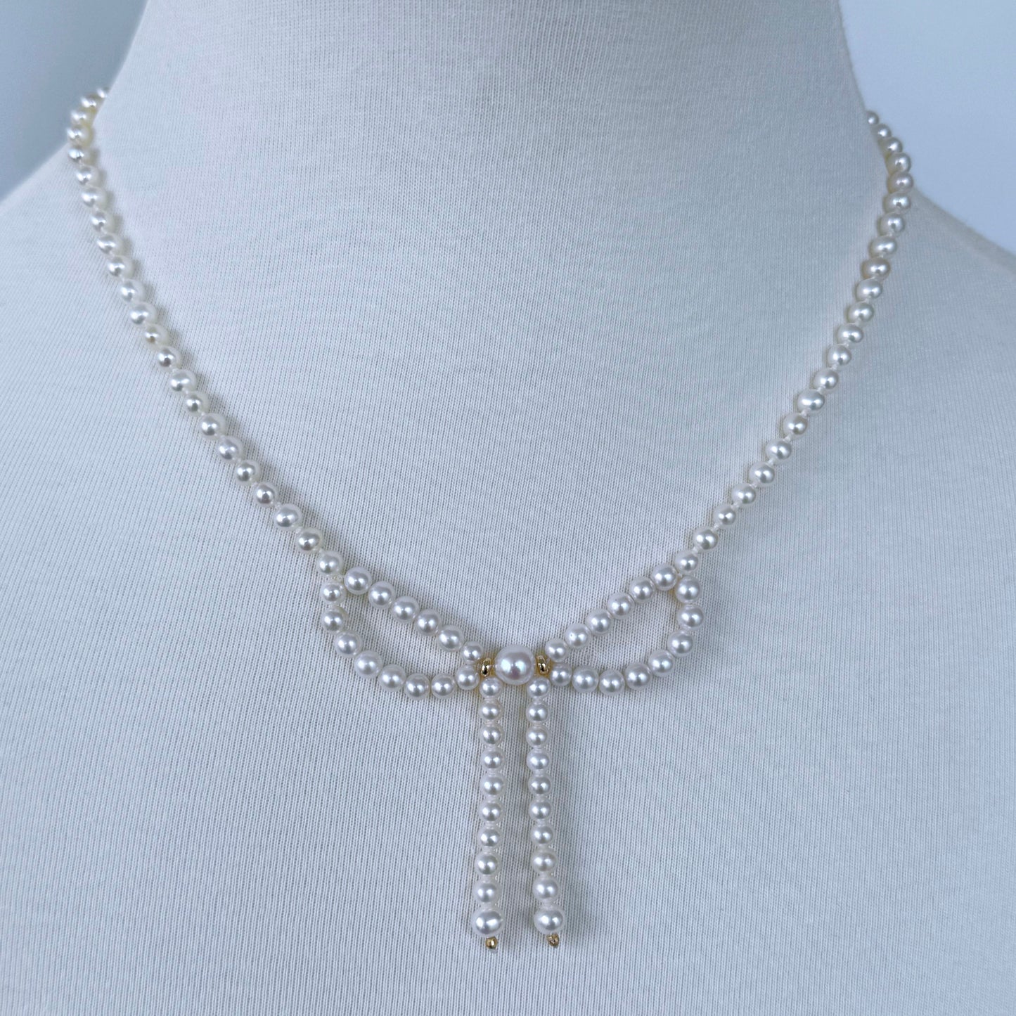 Pearl & Solid 14k Yellow Gold Accented Bow Necklace