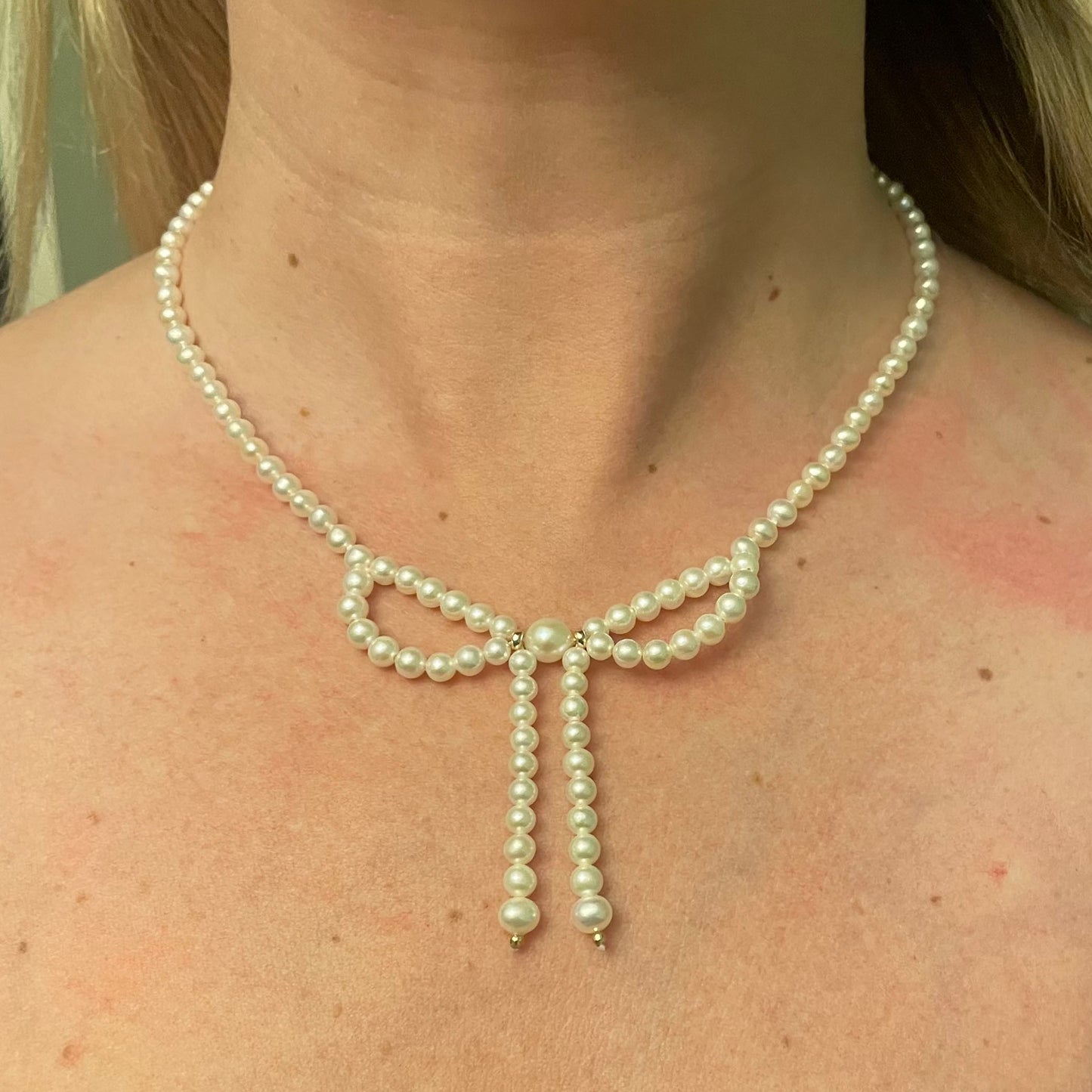 Pearl & Solid 14k Yellow Gold Accented Bow Necklace