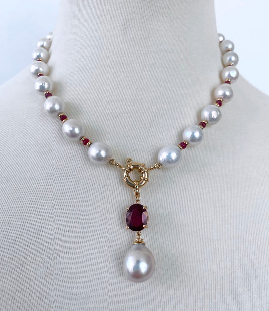 Ruby, Baroque Pearl & Solid 14k Yellow Gold Necklace