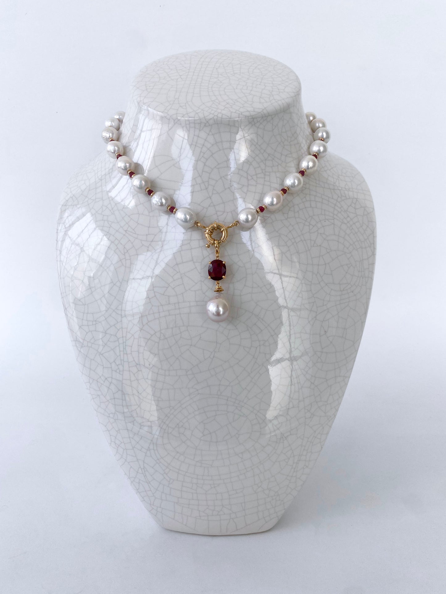 Ruby, Baroque Pearl & Solid 14k Yellow Gold Necklace