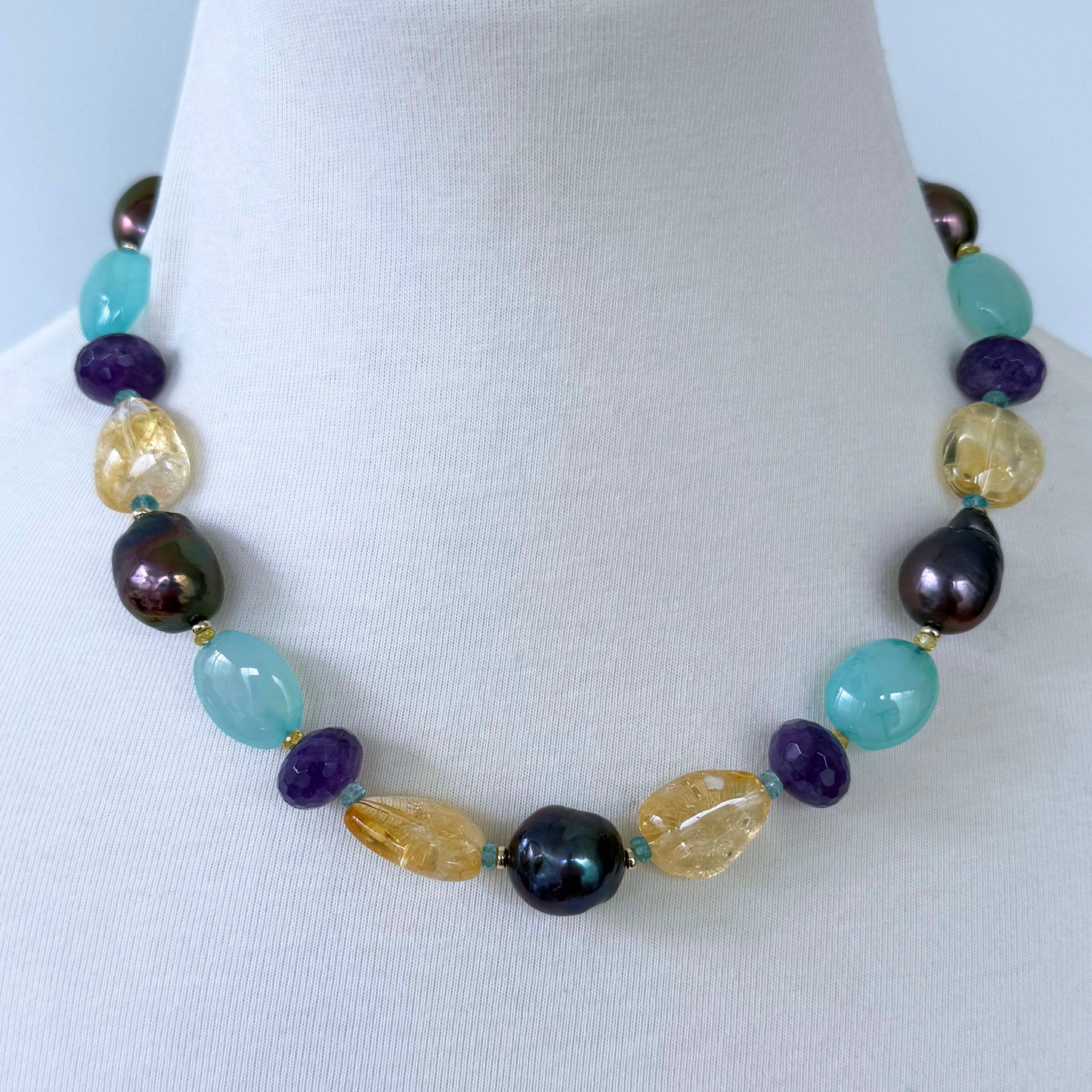 Short Multi Stone Adjustable Necklace with Solid 14k Yellow Gold