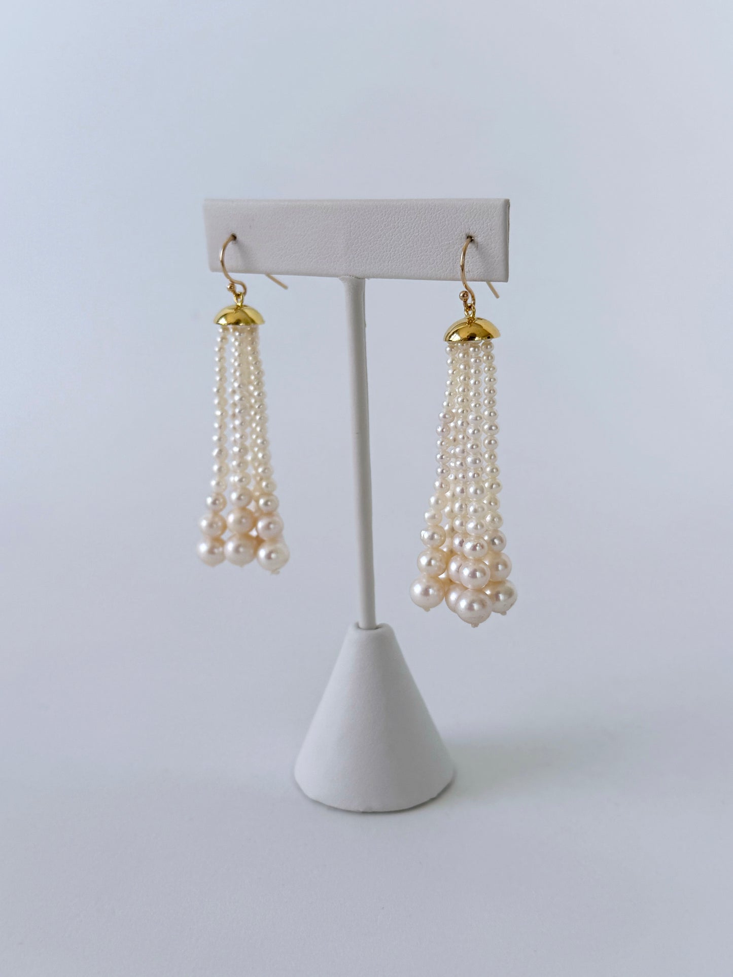 Graduated Pearl Tassel Earring With 18k Gold Plated Cup and Solid Gold Hooks