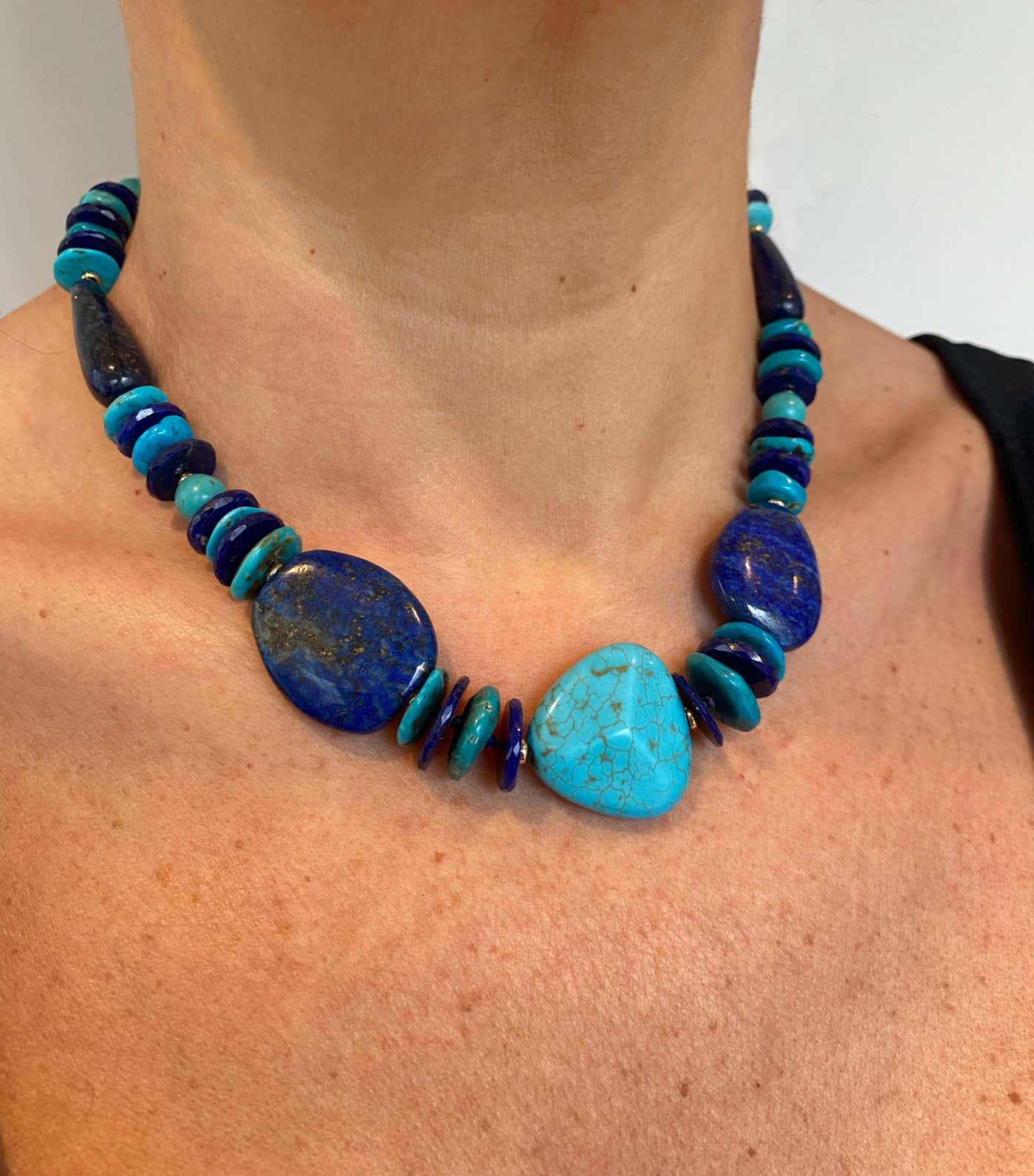 14k Yellow Gold, Turquoise & Lapis Lazuli Necklace