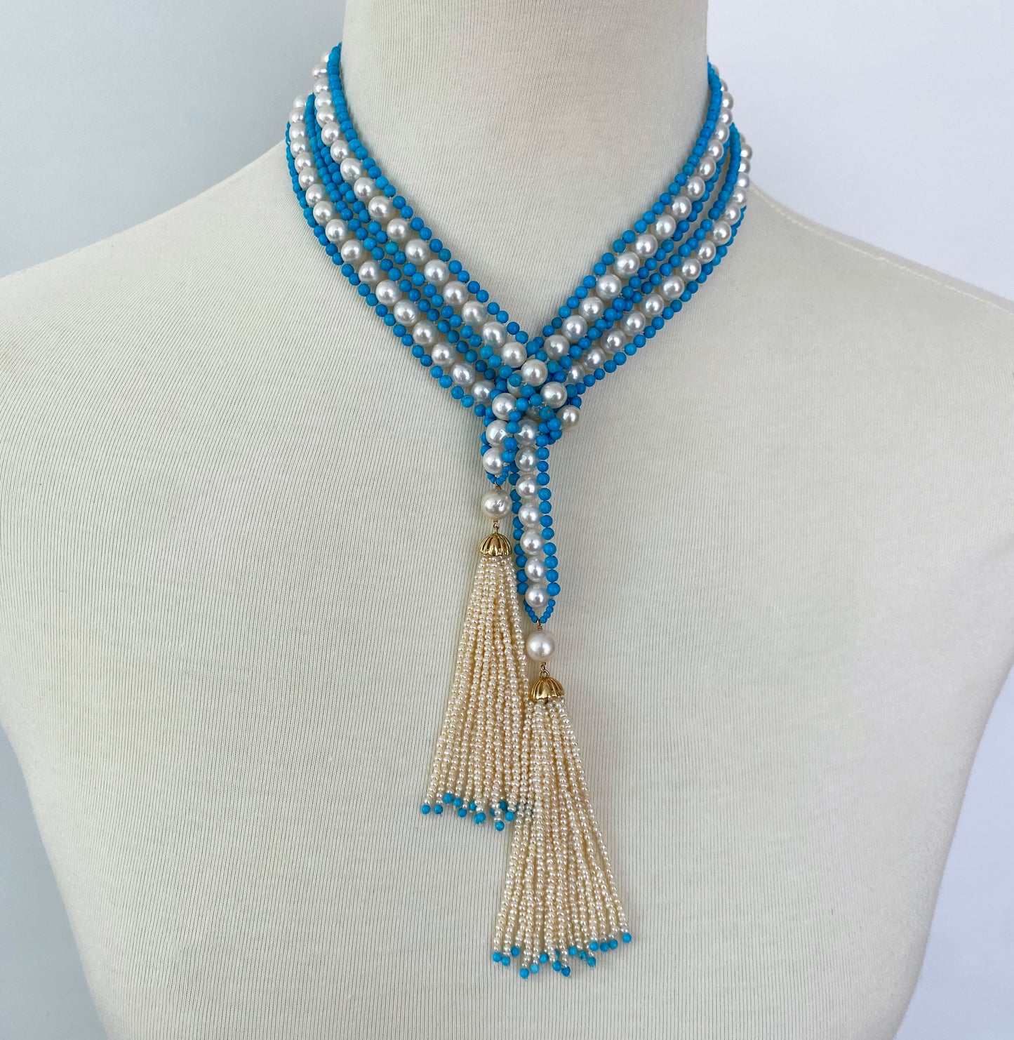 Woven Pearl & Turquoise Sautoir with Seed Pearl & Gold Tassels