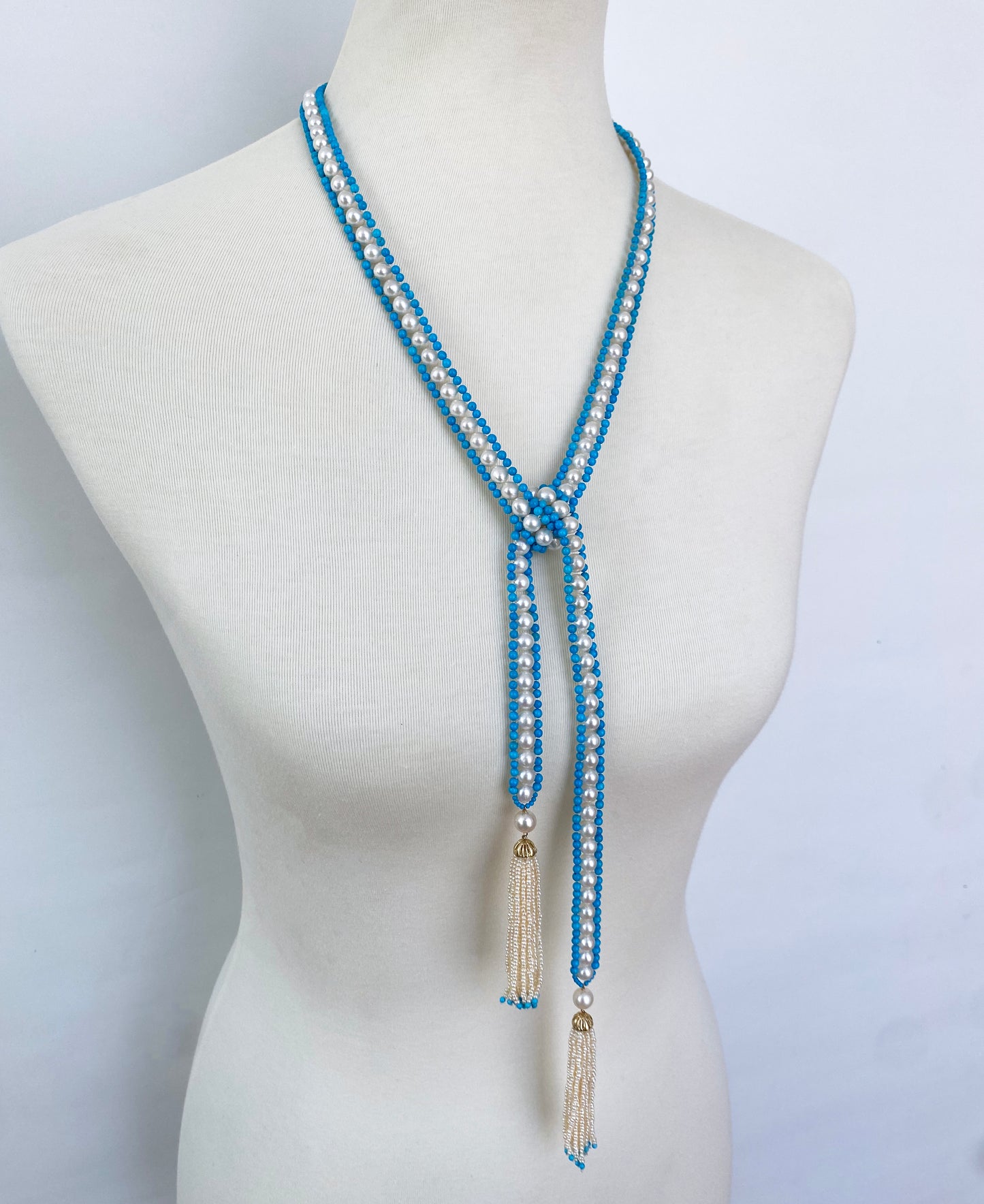 Woven Pearl & Turquoise Sautoir with Seed Pearl & Gold Tassels