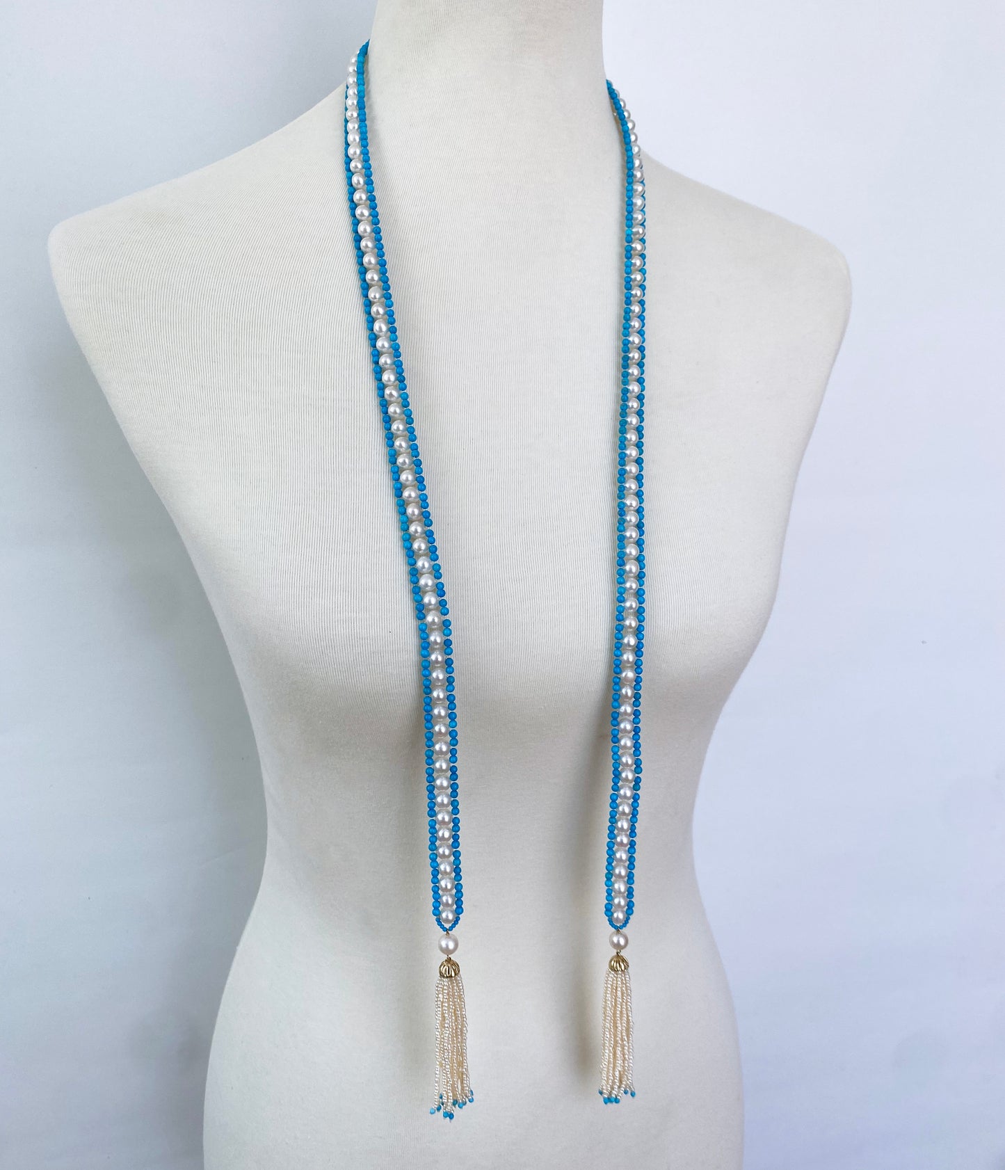 Woven Pearl & Turquoise Sautoir with Seed Pearl & Gold Tassels