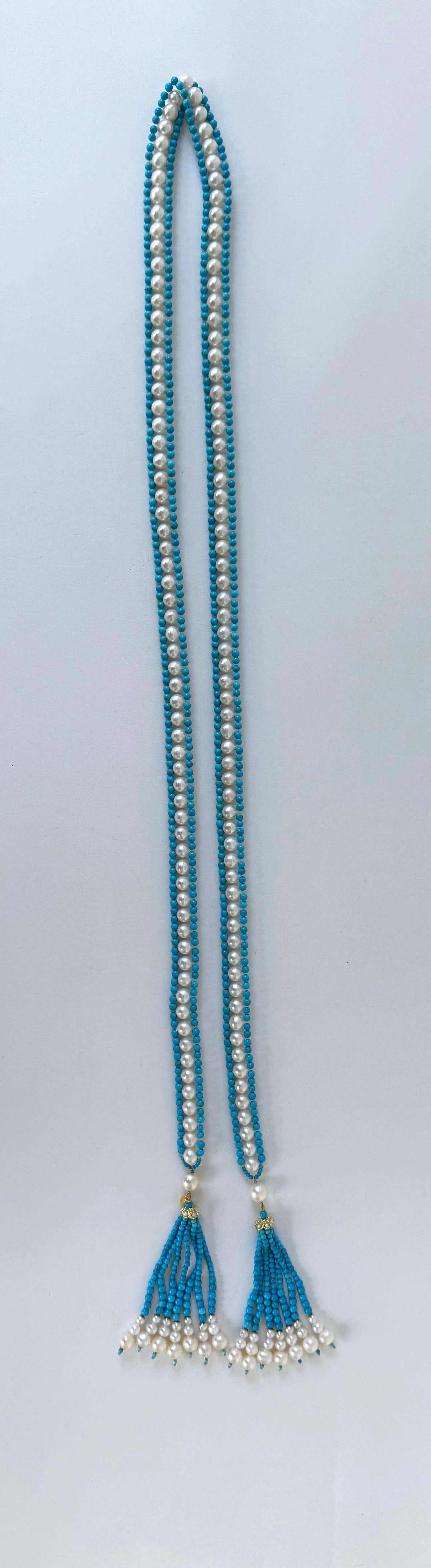 Marina J Turquoise, Pearl & Solid 14k Yellow Gold Sautoir with Graduated Tassels