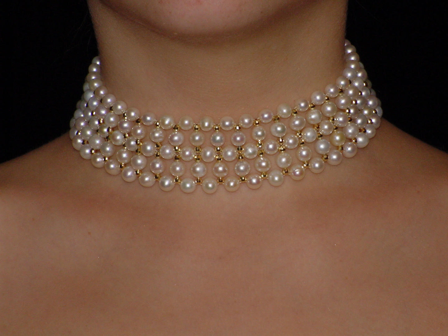 Pearl Woven Choker with 18k Yellow Gold Plated Faceted Beads