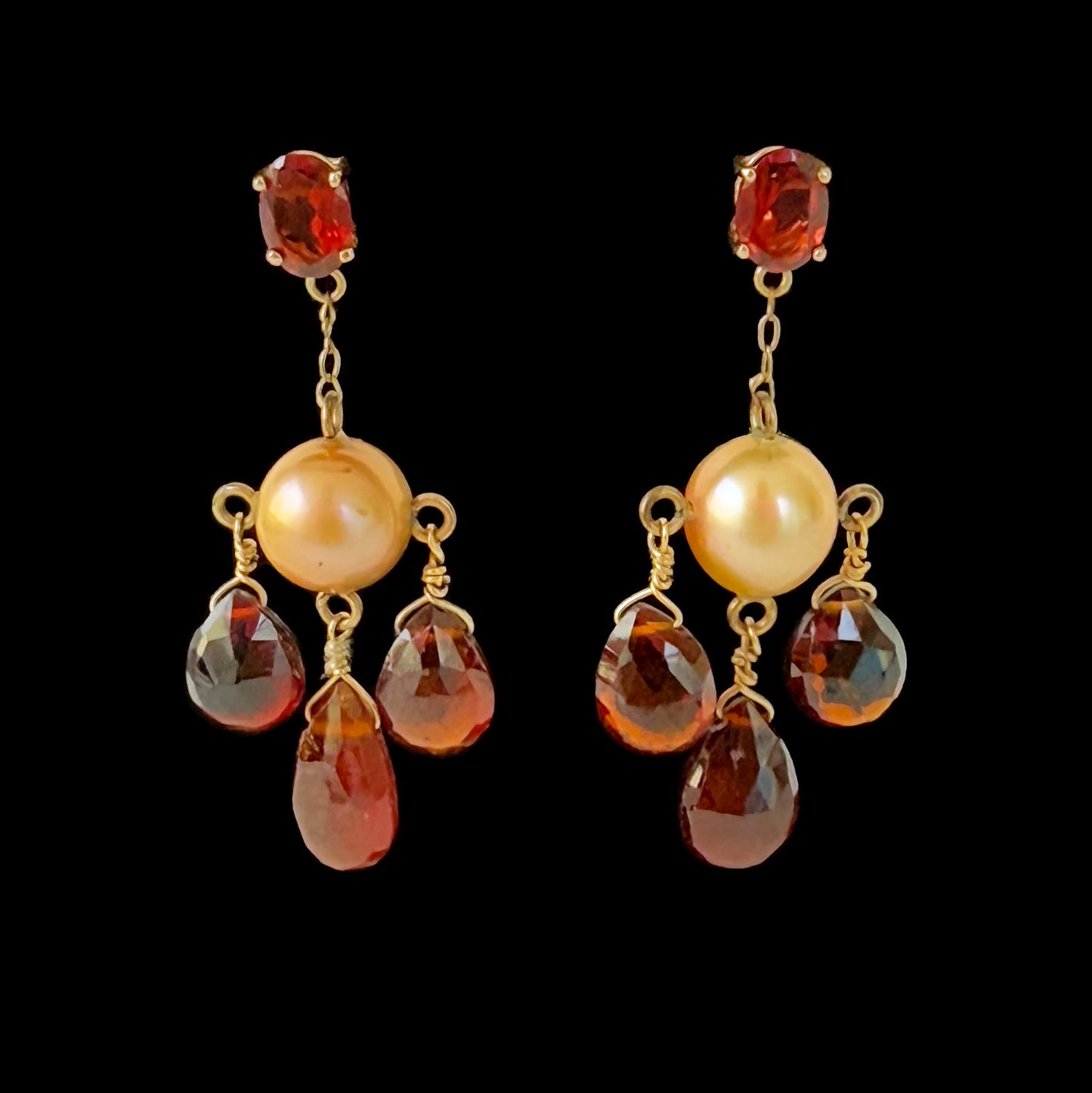 Pearl & Red Garnet Chandelier Earrings with 14K Yellow Gold