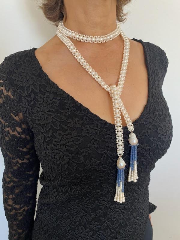 Blue Sapphire & Baroque Pearl Tassels Sautoir with 14k Yellow Gold