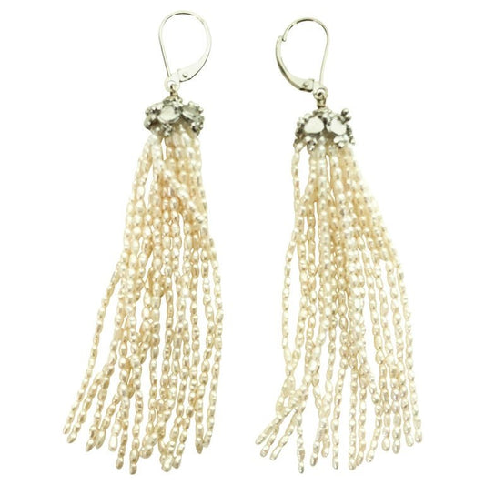 Rice-Shaped Pearl Tassel Earrings with 14 Karat White Gold Lever-Back