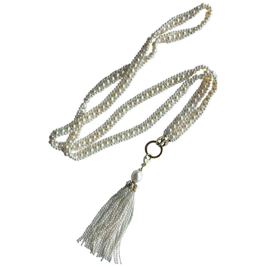Marina J. Woven Pearl Necklace with 14k Gold Ring and Removable Pearl Tassel