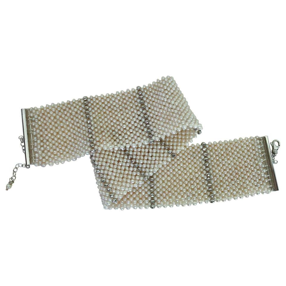 Marina J. Wide Woven Pearl Choker with Silver Beads and Adjustable Clasp